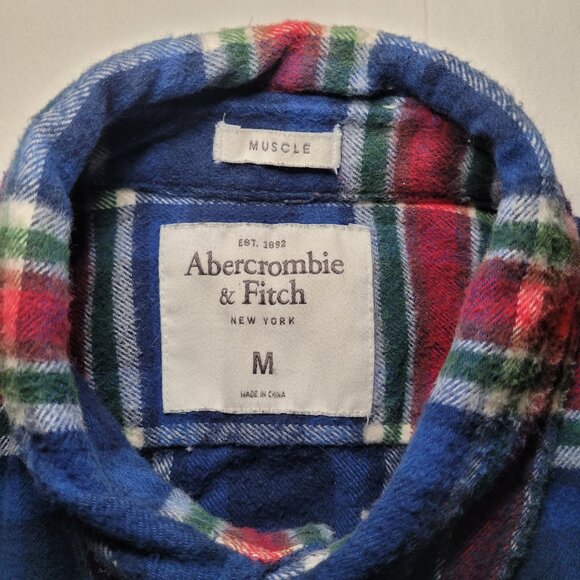 Abercrombie & Fitch Plaid Button Up Flannel Blue Red Green Mens Size M Muscle - Picture 6 of 9